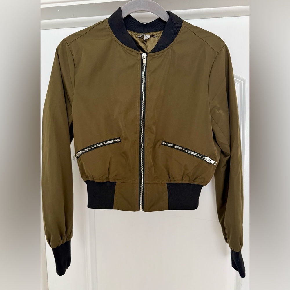 Cropped Army Green Bomber Jacket with Black Trim